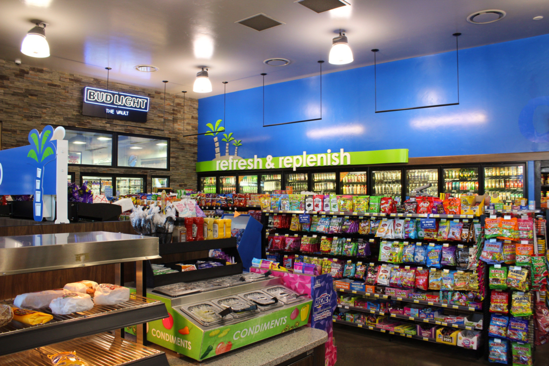 Inside Oasis Stop N Go convenience store. Snacks and Drinks